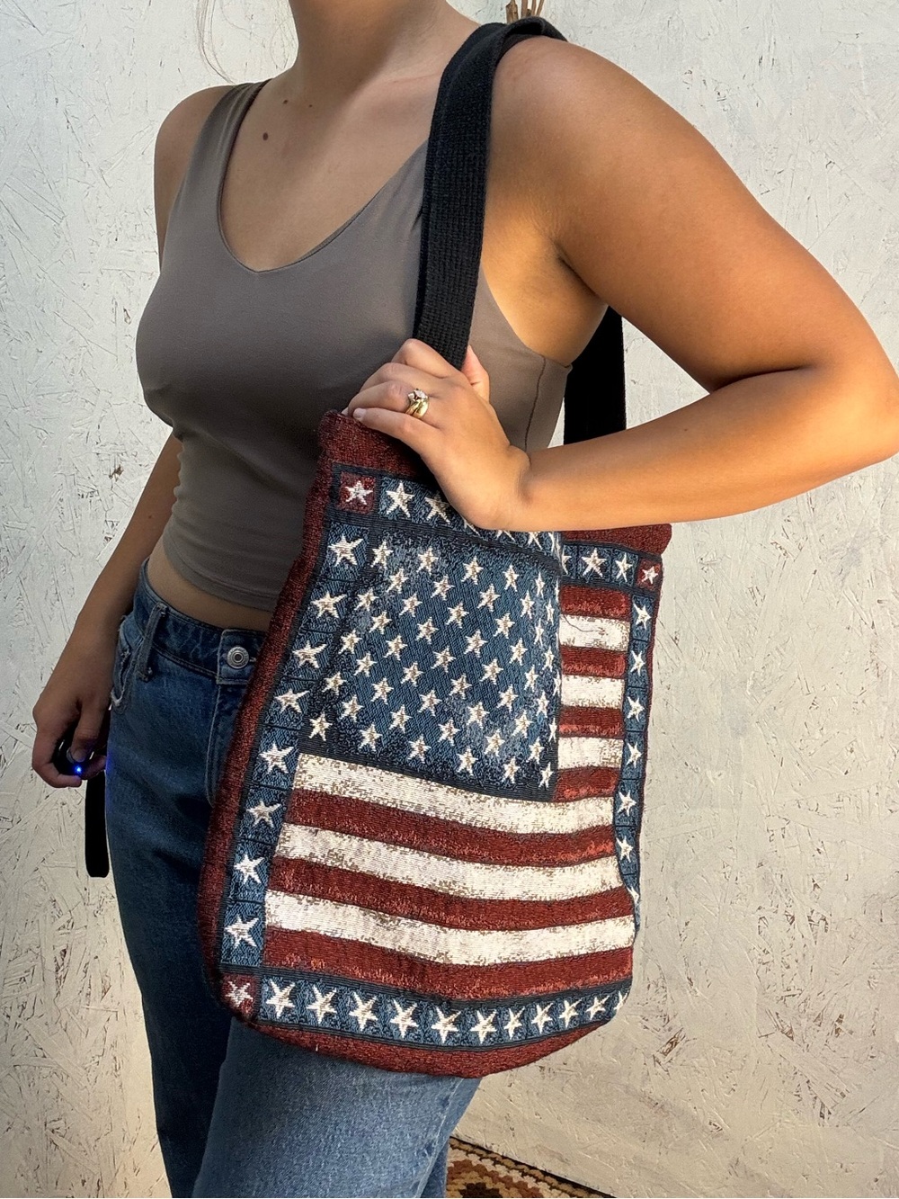 Vintage Style American Flag Tapestry Style Square Tote Bag